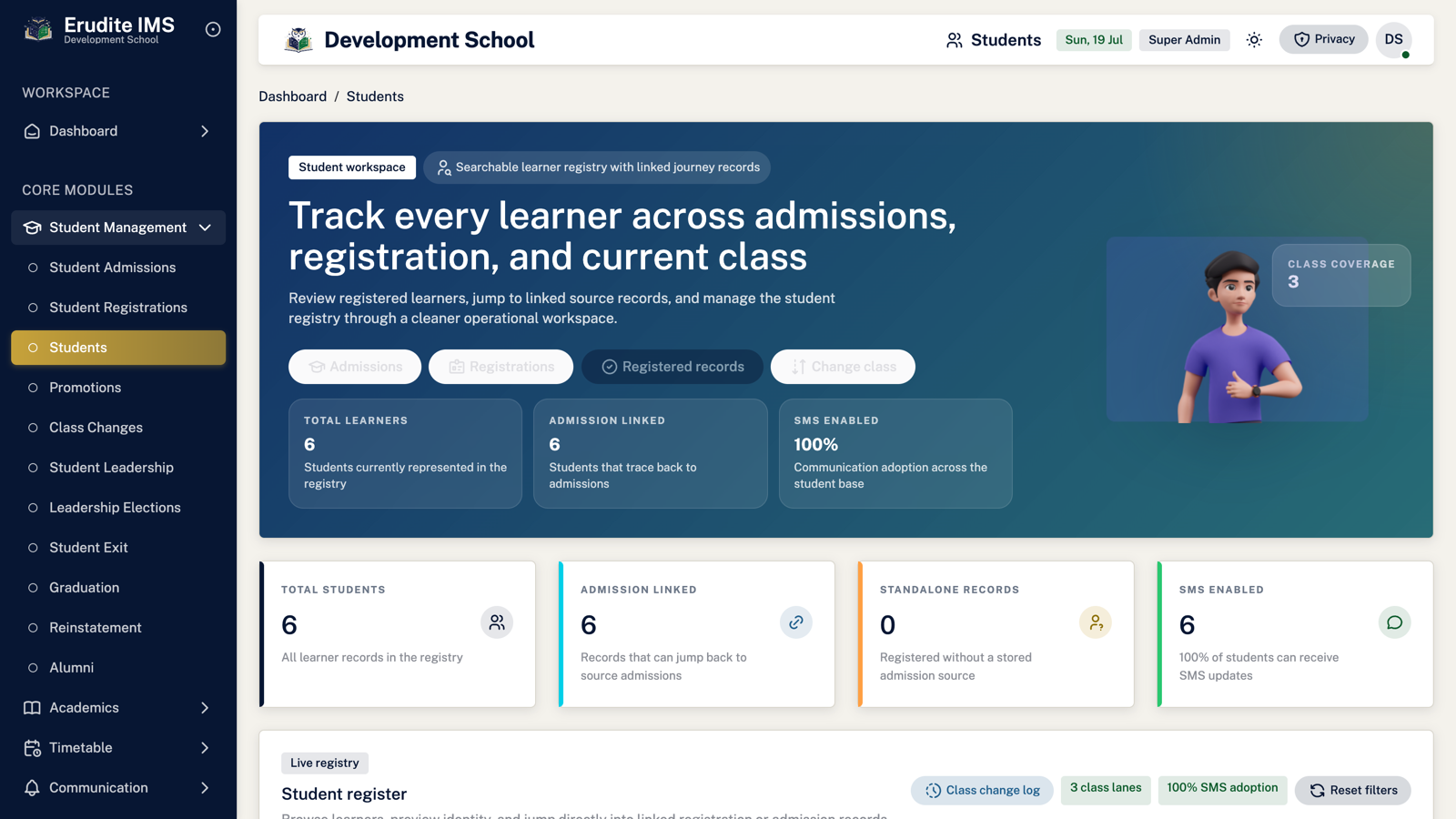 EruditeIMS student registry with admission-linked learner records