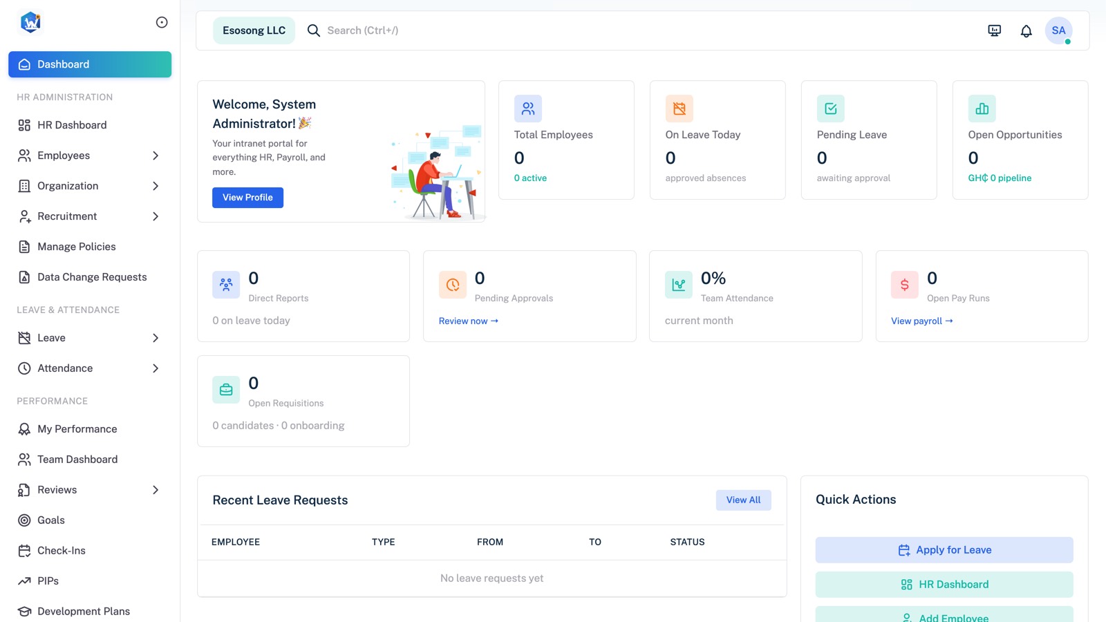 ESS Portal dashboard with headcount, leave, payroll, and recruitment KPI cards