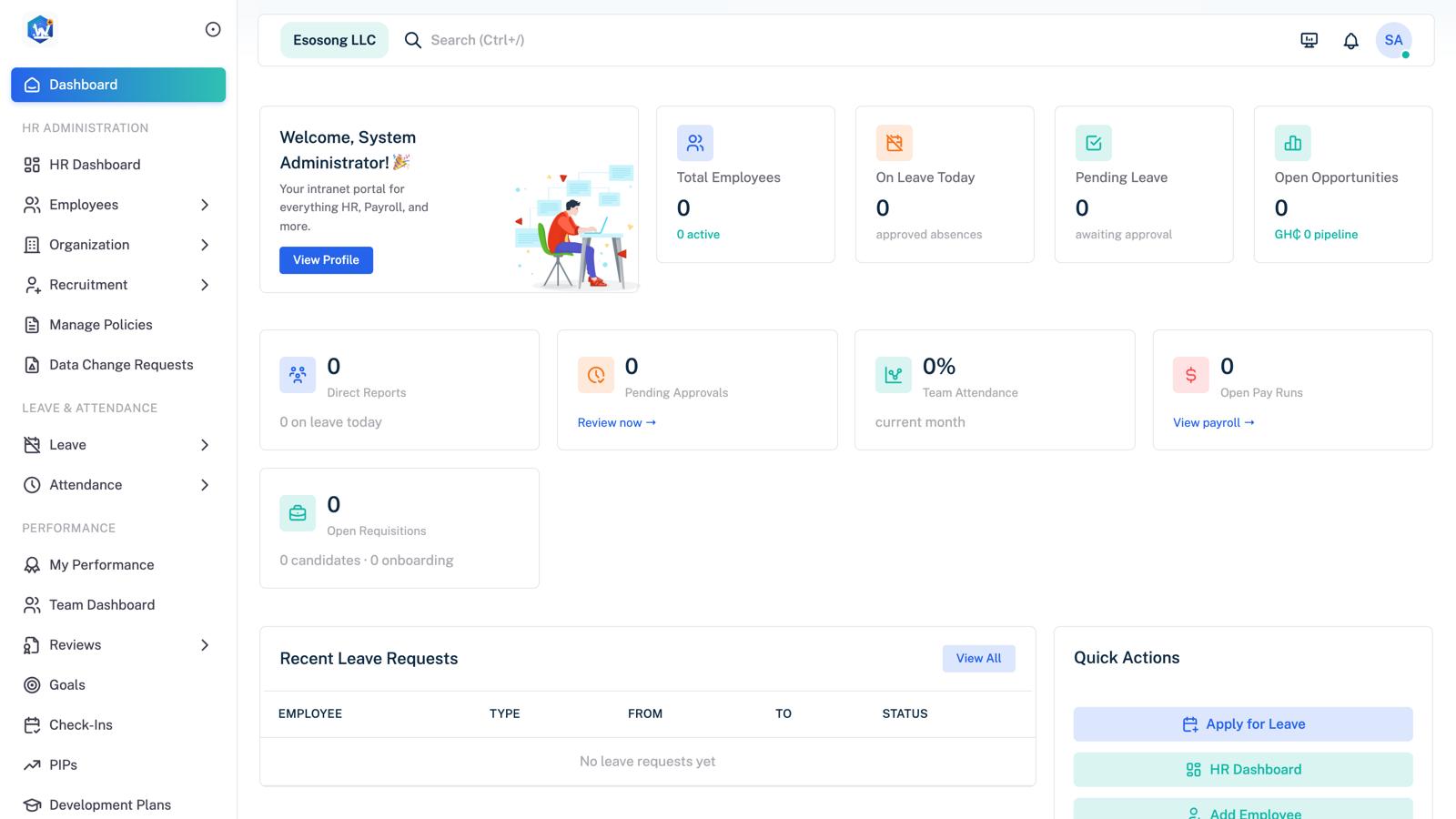 ESS Portal dashboard with headcount, leave, payroll, and recruitment KPI cards