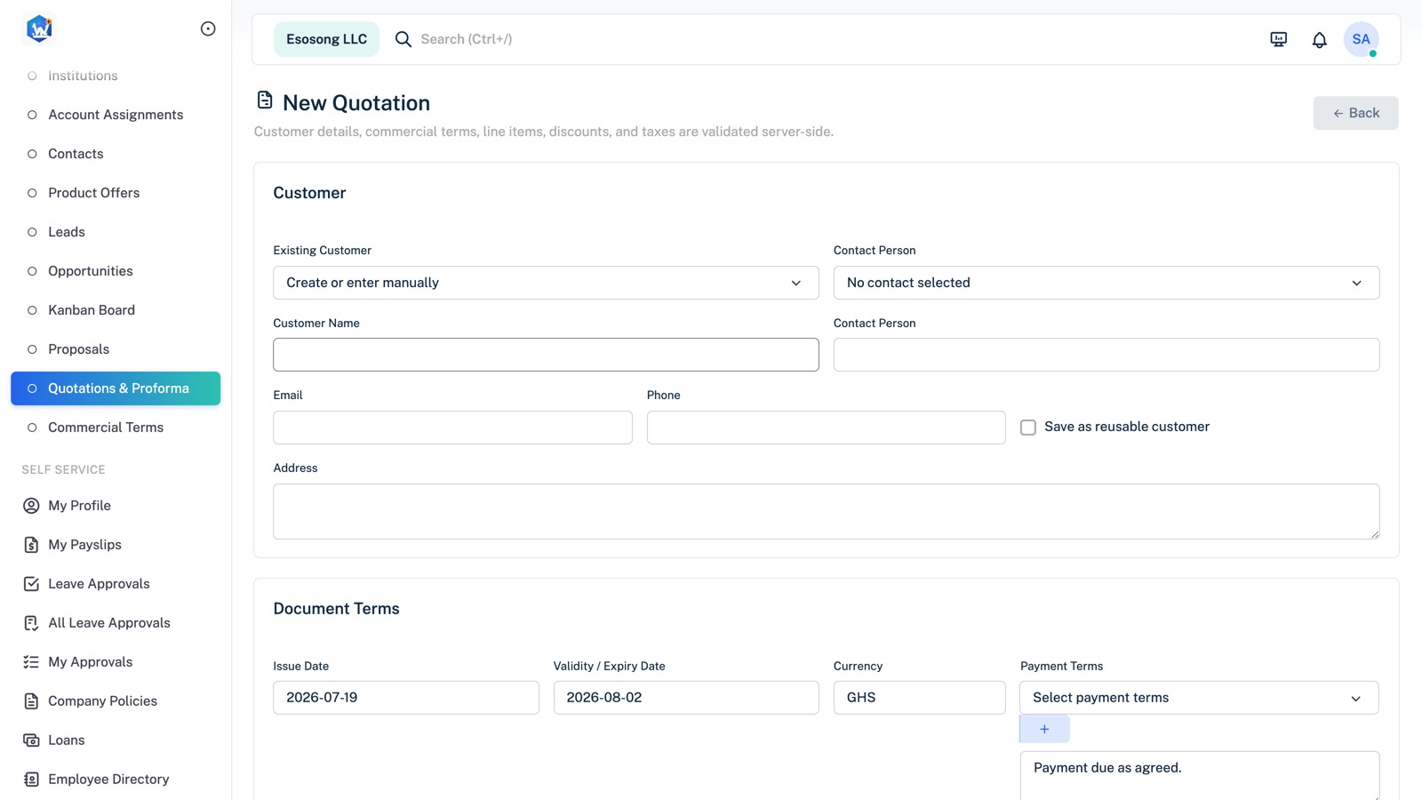 ESS Portal new quotation form with customer details, terms, and currency
