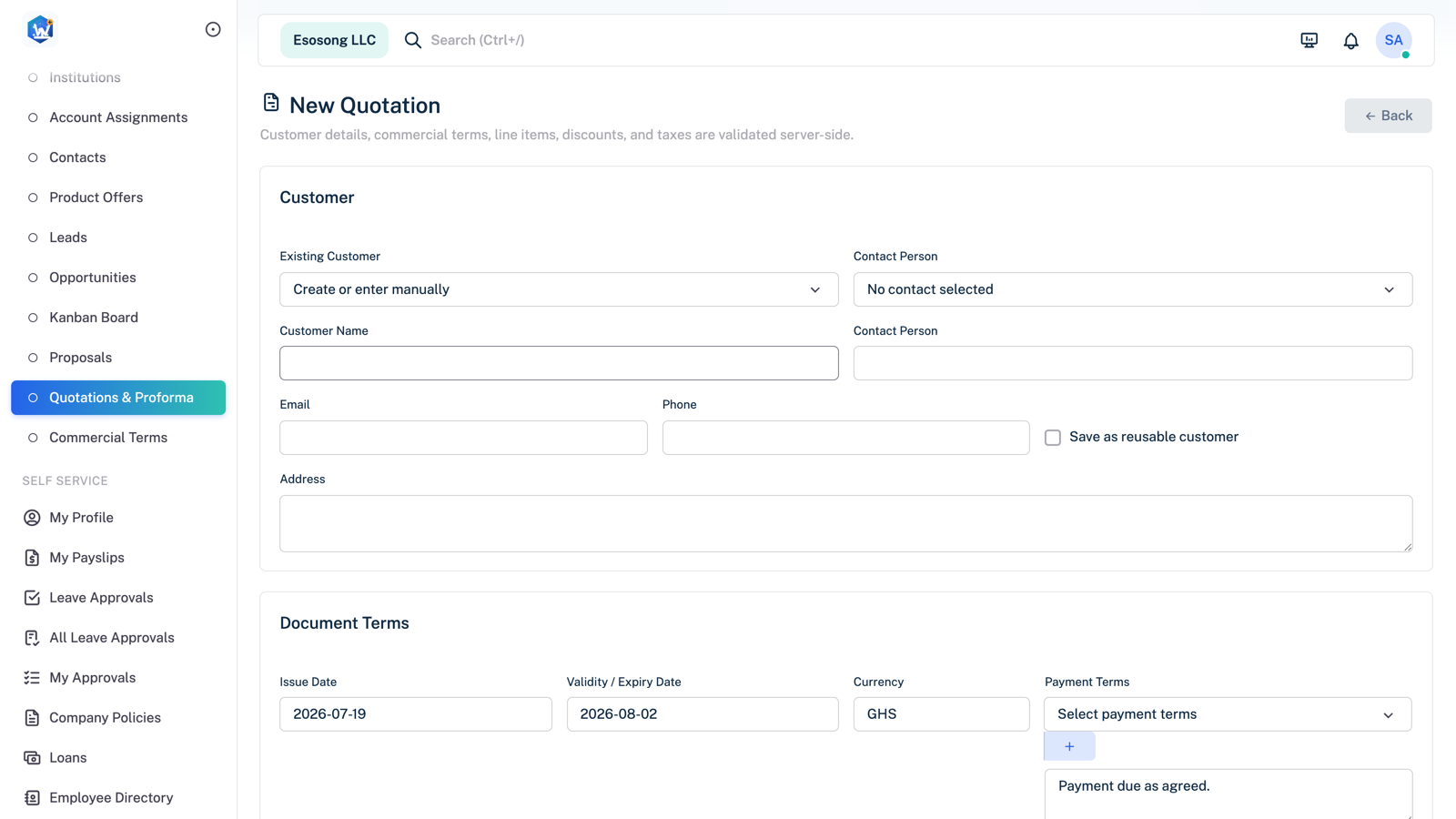 ESS Portal new quotation form with customer details, terms, and currency