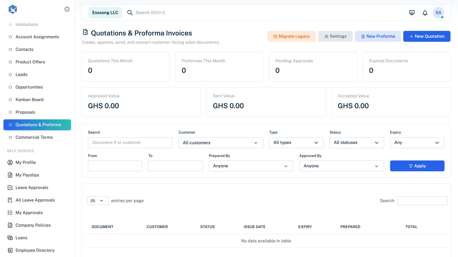 ESS Portal quotations and proforma invoices module with approval and value metrics