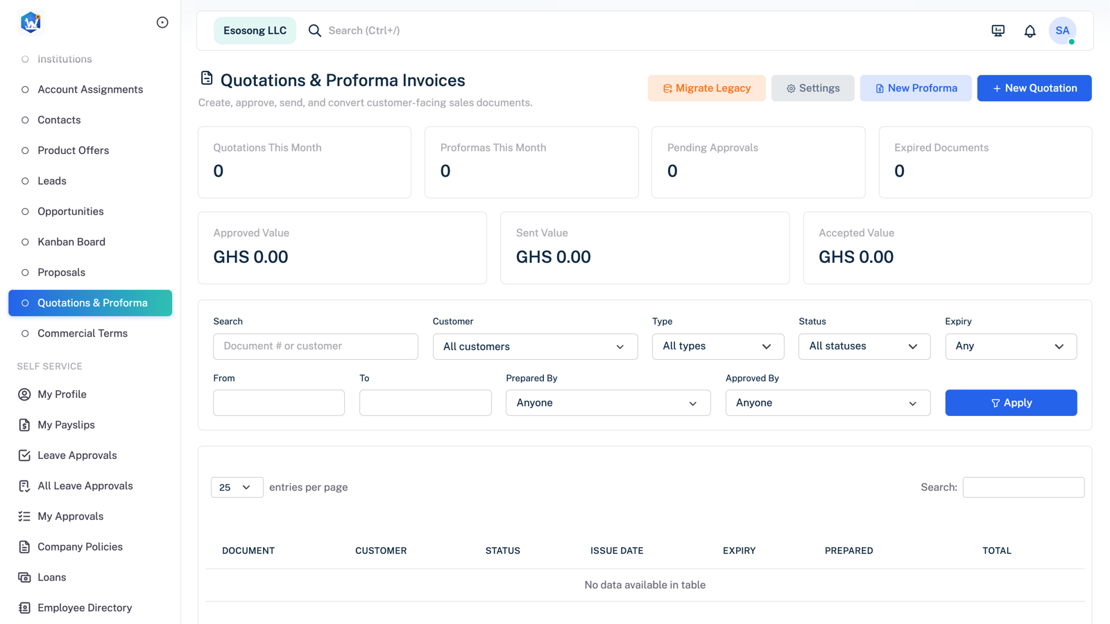 ESS Portal quotations and proforma invoices module with approval and value metrics